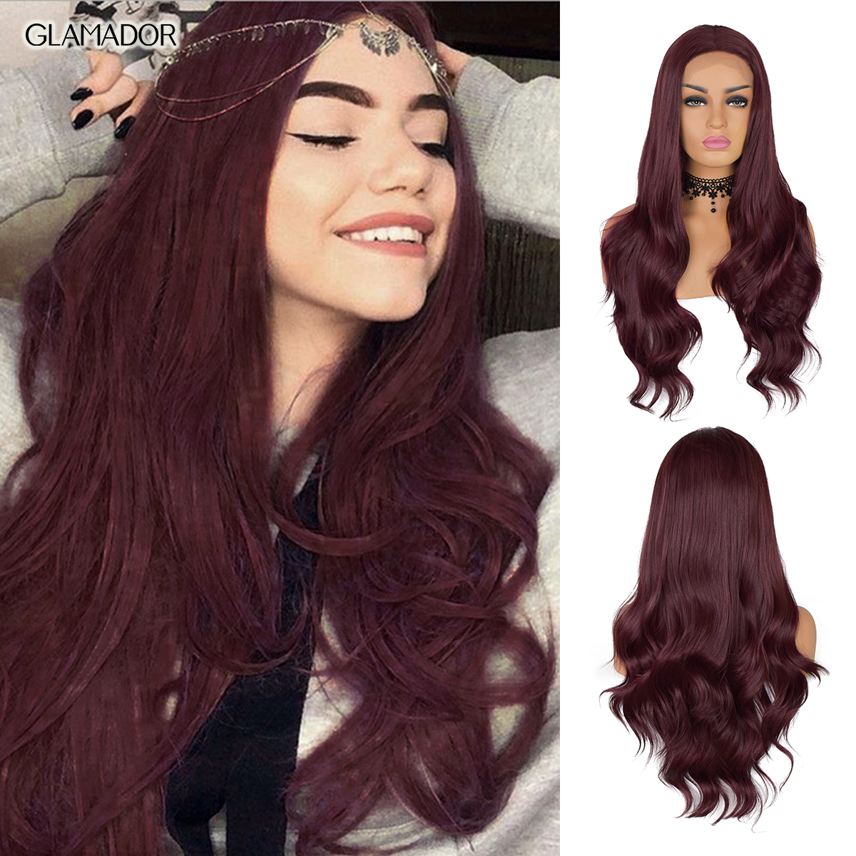 24 Long Wavy Lace Front Women Wigs Ombre Wine Red Synthetic Hair